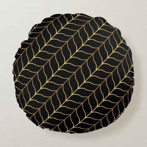 Art Deco Herringbone Gold Black Luxury Pattern Round Pillow