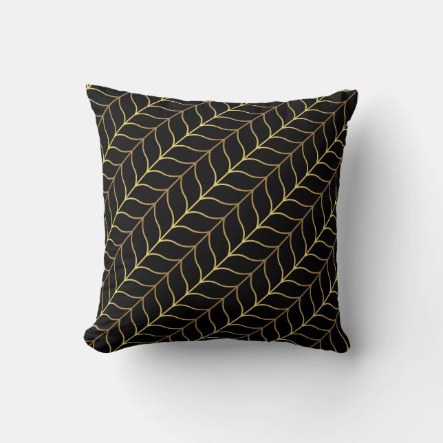 Art Deco Herringbone Gold Black Luxury Pattern Throw Pillow (Front)