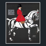 ART DECO HORSE and RIDER: Fine Art Poster<br><div class="desc">A truly striking and sophisticated art deco painting used as an advertisement for a German sports tailor. Executed in timeless red, white and black it depicts a handsome white horse and woman riding side-saddle in a full equestrian outfit including red coat, black top hat and riding crop engaged in dressage...</div>