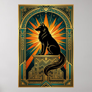 Art Deco Howling Wolf Golden Sunburst Poster
