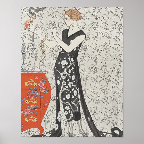Art Deco image of a young lady burning a letter Poster