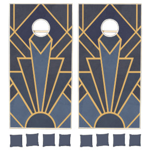 Art Deco inspiration in blue and gold Cornhole Set