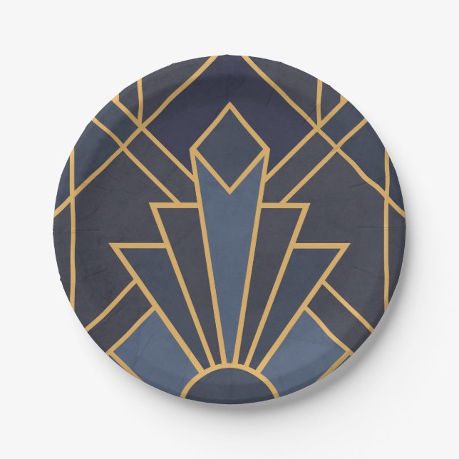 Art Deco inspiration in blue and gold Paper Plates (Front)