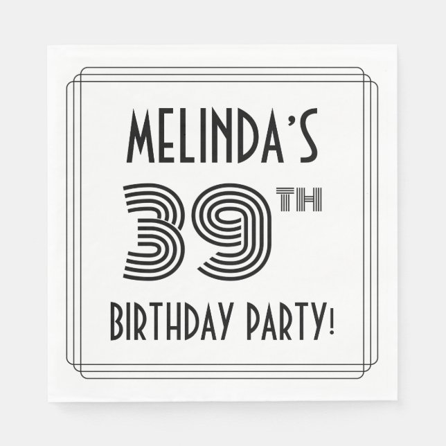 Art Deco Inspired 39th Birthday Party, Custom Name Napkins (Front)