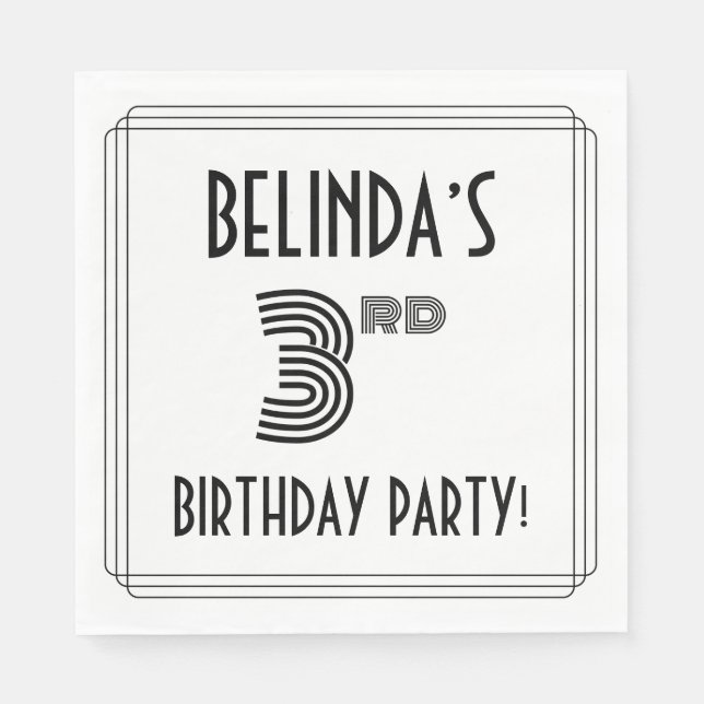 Art Deco Inspired 3rd Birthday Party, Custom Name Napkins (Front)