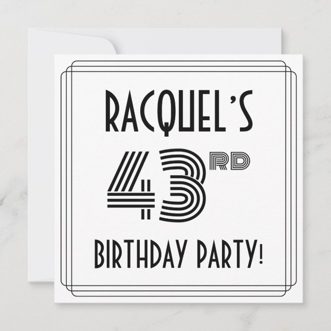 Art Deco Inspired 43rd Birthday Party, Custom Name Invitation (Front)