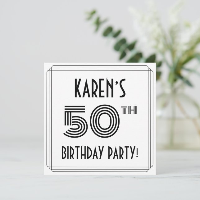 Art Deco Inspired 50th Birthday Party, Custom Name Invitation (Standing Front)