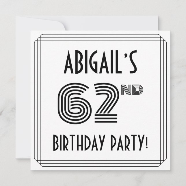 Art Deco Inspired 62nd Birthday Party, Custom Name Invitation (Front)