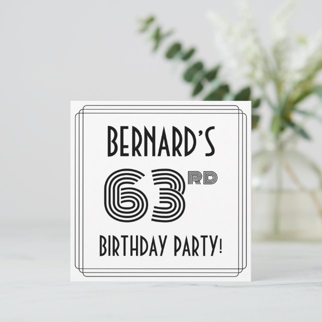 Art Deco Inspired 63rd Birthday Party, Custom Name Invitation (Standing Front)