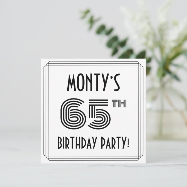Art Deco Inspired 65th Birthday Party, Custom Name Invitation (Standing Front)