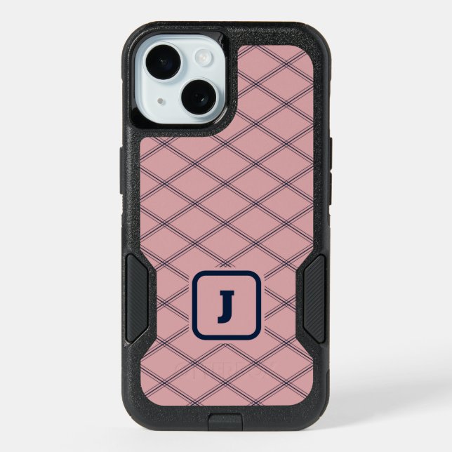 Art Deco-Inspired Pink and Navy Monogram iPhone 15 Case (Back)