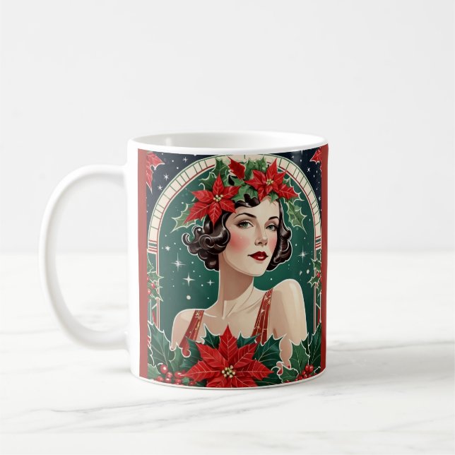 Art Deco Inspired Portrait Lady Elegant Christmas  Coffee Mug (Left)
