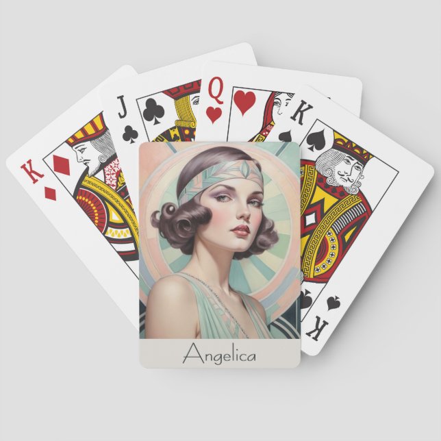 Art Deco Inspired Portrait Woman Lady Custom Poker Cards (Back)