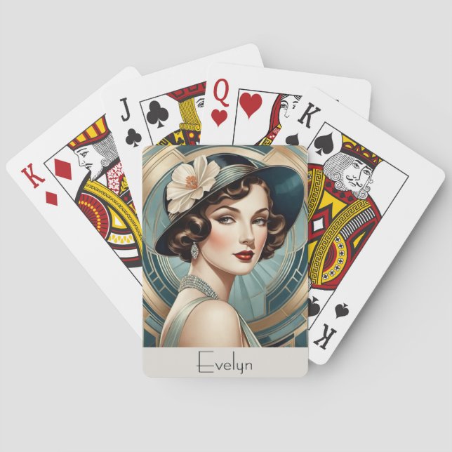 Art Deco Inspired Retro Lady Portrait Personalized Poker Cards (Back)