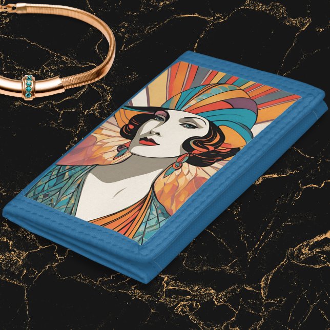 Art Deco Inspired Retro Portrait Elegant Woman Trifold Wallet (An elegant wallet influenced by Art Deco style, featuring a picture of an elegant lady)