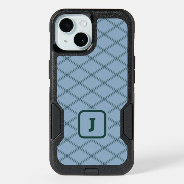 Art Deco-Inspired Slate and Forest Monogram iPhone 15 Case (Back)
