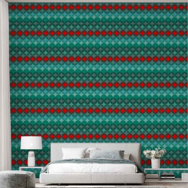 art deco inspired teal & red abstract wallpaper  (Bedroom)