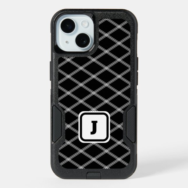 Art Deco-Inspired White and Black Monogram iPhone 15 Case (Back)