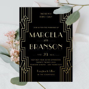 Art Deco Ironwork Black and Gold Wedding Foil Invitation