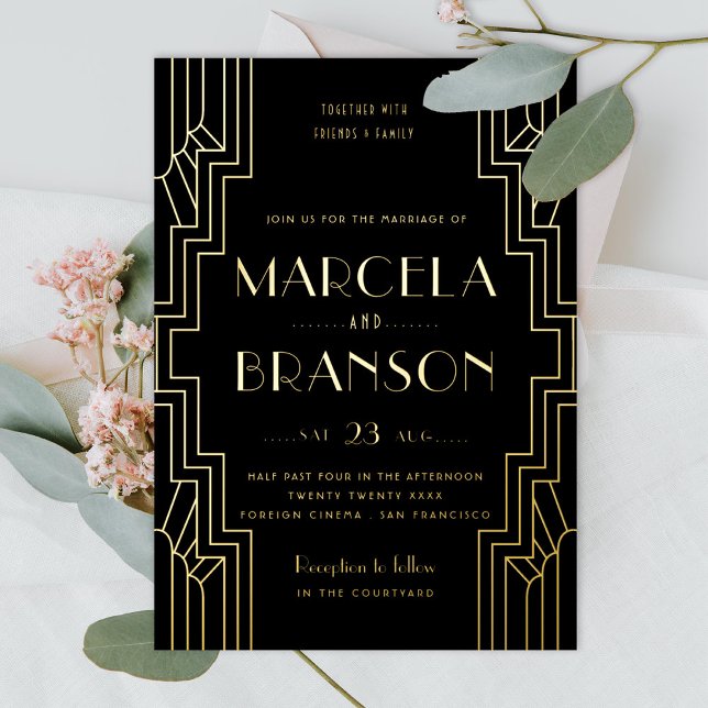 Art Deco Ironwork Black and Gold Wedding Foil Invitation (Creator Uploaded)