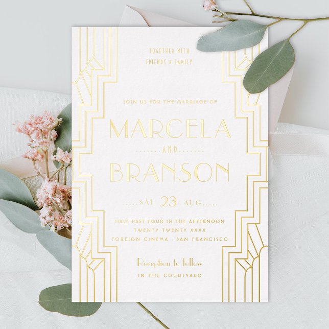 Art Deco Ironwork Gold and White Wedding Foil Invitation (Creator Uploaded)