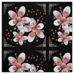 Art Deco-ish Apple Blossoms - White, Pink on Black Fabric