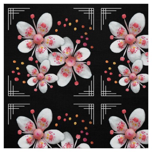 Art Deco-ish Apple Blossoms - White, Pink on Black Fabric