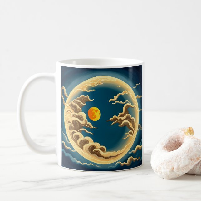 "Art Deco Japanese-Inspired Full moon and clouds Coffee Mug (With Donut)