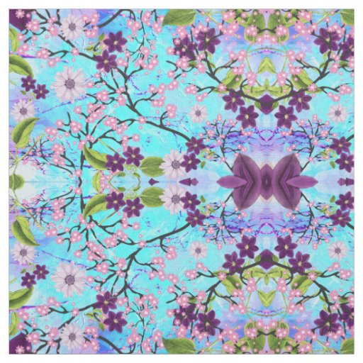 Art Deco Japanese Tree in Fantasy Aqua Background Fabric