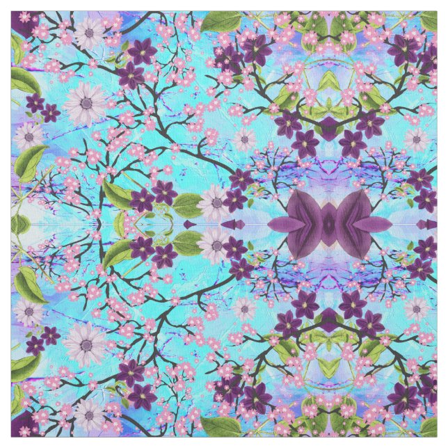 Art Deco Japanese Tree in Fantasy Aqua Background Fabric (Swatch)