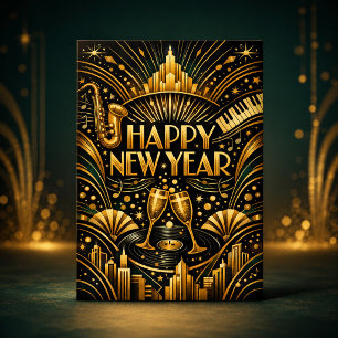 Art Deco Jazz Gold Happy New Year Holiday Card