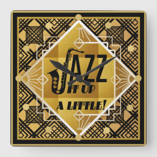 Art Deco JAZZ Saxophone Black Gold 1920s Music Square Wall Clock