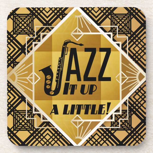 Art deco jazz saxophone black gold music beverage coaster (Front)