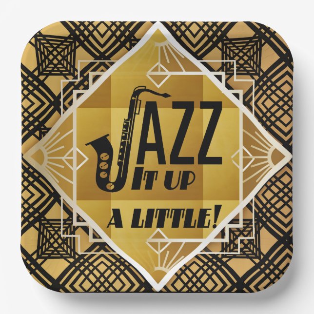 Art deco jazz saxophone black gold music  paper plates (Front)