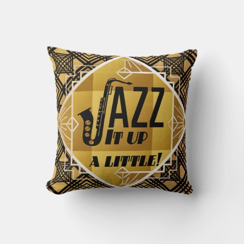Art deco jazz saxophone black gold music throw pillow