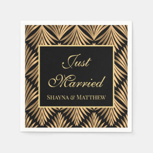Art Deco Just Married Floral Gatsby Black Gold Napkins