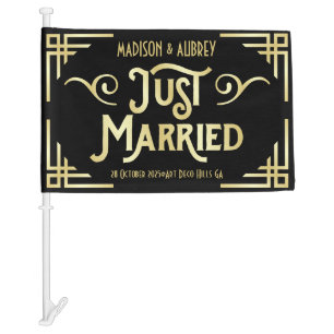 Art Deco Just Married Newlyweds Gold Black Gatsby Car Flag