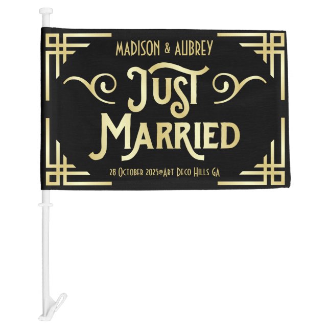 Art Deco Just Married Newlyweds Gold Black Gatsby Car Flag (Front)