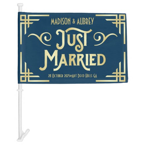 Art Deco Just Married Newlyweds Gold Blue Gatsby Car Flag