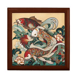 Art Deco Koi Fish Wooden Jewelry Keepsake Box
