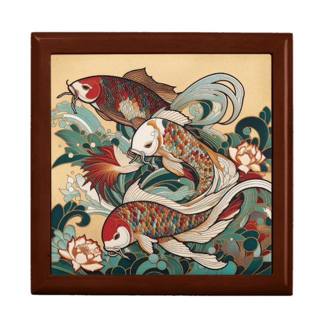 Art Deco Koi Fish Wooden Jewelry Keepsake Box (Front)