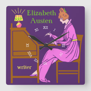 Art Deco Lady Author at Writing Desk in Pink Square Wall Clock