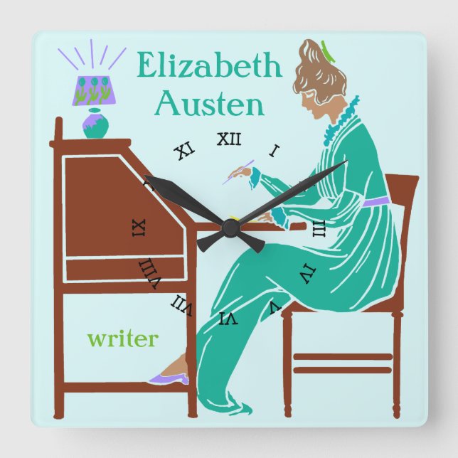 Art Deco Lady Author at Writing Desk in Teal Square Wall Clock (Front)