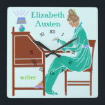 Art Deco Lady Author at Writing Desk in Teal Square Wall Clock<br><div class="desc">This personalized square wall clock has a vintage Art Deco stencil look. A black woman in a teal dress sits at a writing desk with pen raised while a lamp shines next to her. The background is light mint blue-green. The woman looks like she is from the 19th or early...</div>