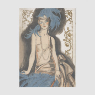 Art Deco Lady Blue Feather Vintage Decoupage Gold Tissue Paper