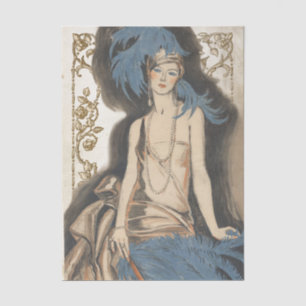 Art Deco Lady Blue Feather Vintage Decoupage Gold Tissue Paper