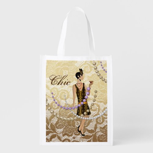 Art Deco Lady Gold Floral Lace Reusable Bag