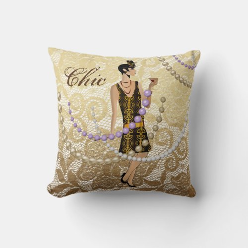 Art Deco Lady Gold Floral Lace Throw Pillow