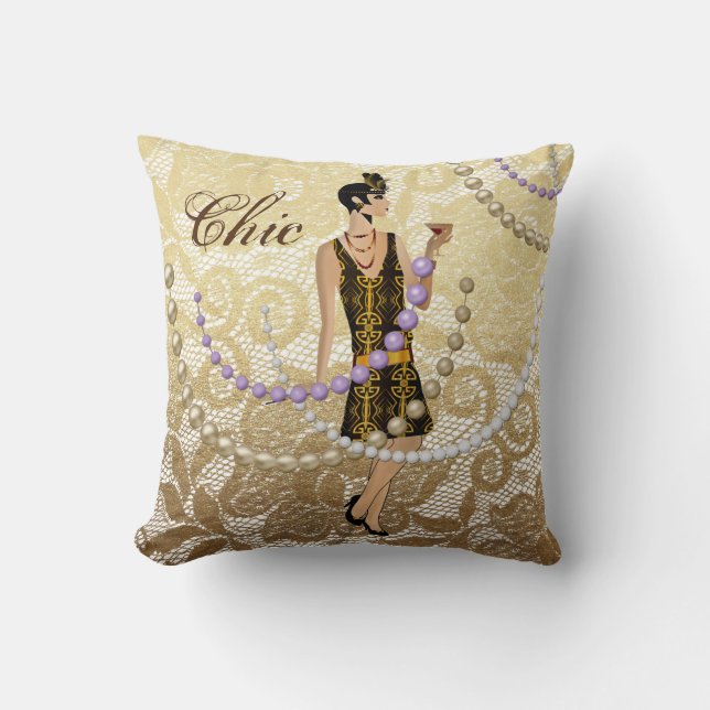 Art Deco Lady Gold Floral Lace Throw Pillow (Front)