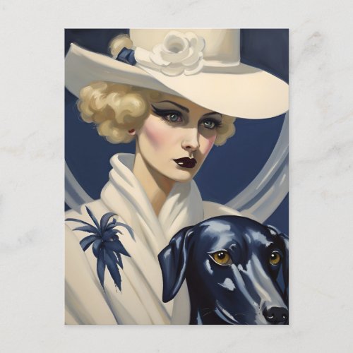 Art Deco Lady in White with Black Dog Gatsby Era  Postcard